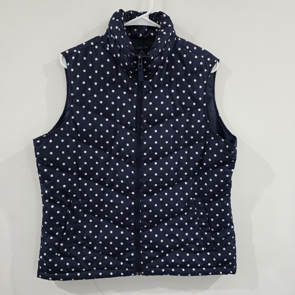 Lands End Womens Down Filled Puffer Vest Size Large Polka Dot Navy Blue
